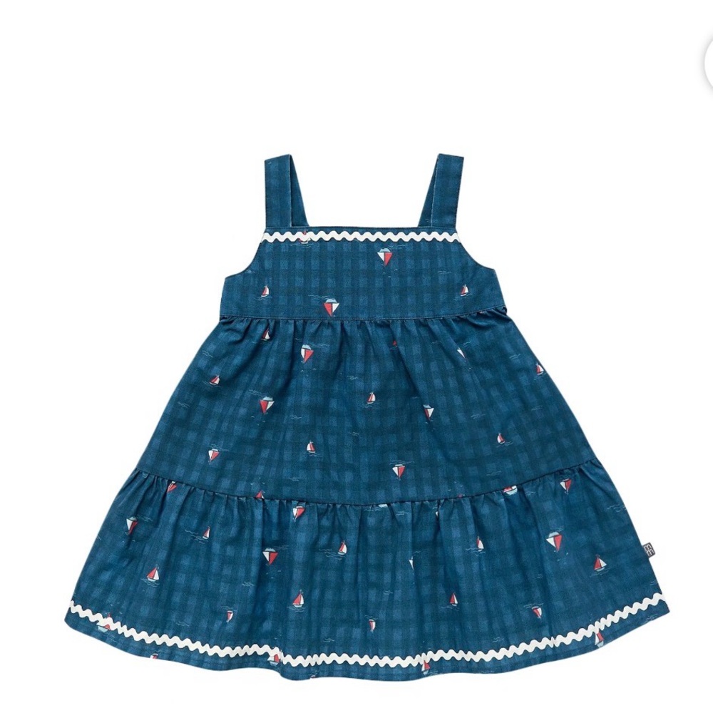 Modern Moments Toddler Girl Wide Strap Blue Sundress with Red Sailboat Print, 4t